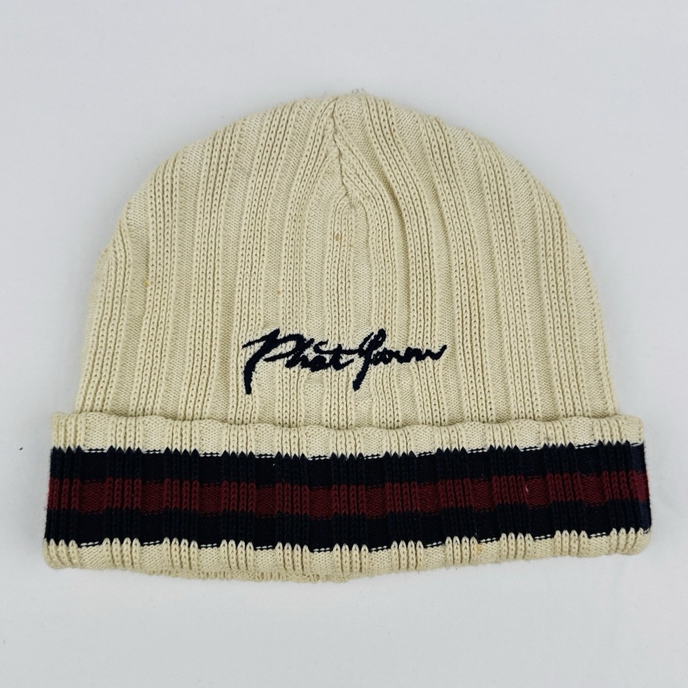 Vintage 90s Phat Farm Rib Knit Beanie Hat Cream Stripe Streetwear Hip Hop